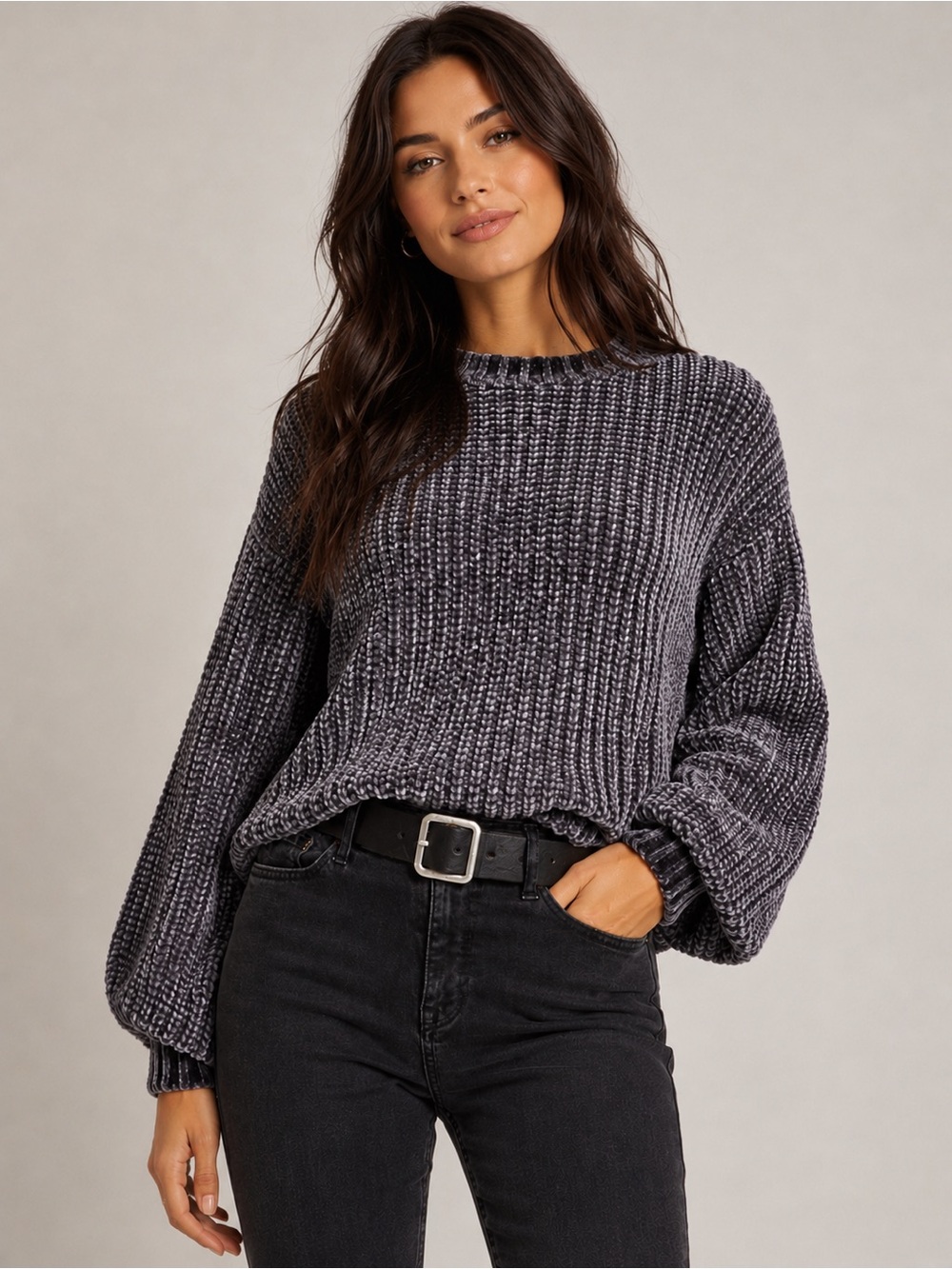 NWOT Bella Dahl Revolve Chenille Bishop Sleeve Crop Grey Sweater Sz S $125